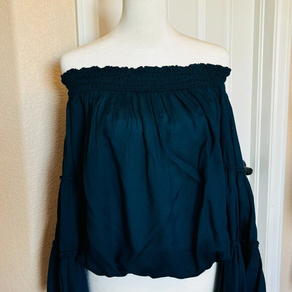 Free people- teal/blue off the shoulder/strapless crop ruffle sleeves - Picture 2 of 4